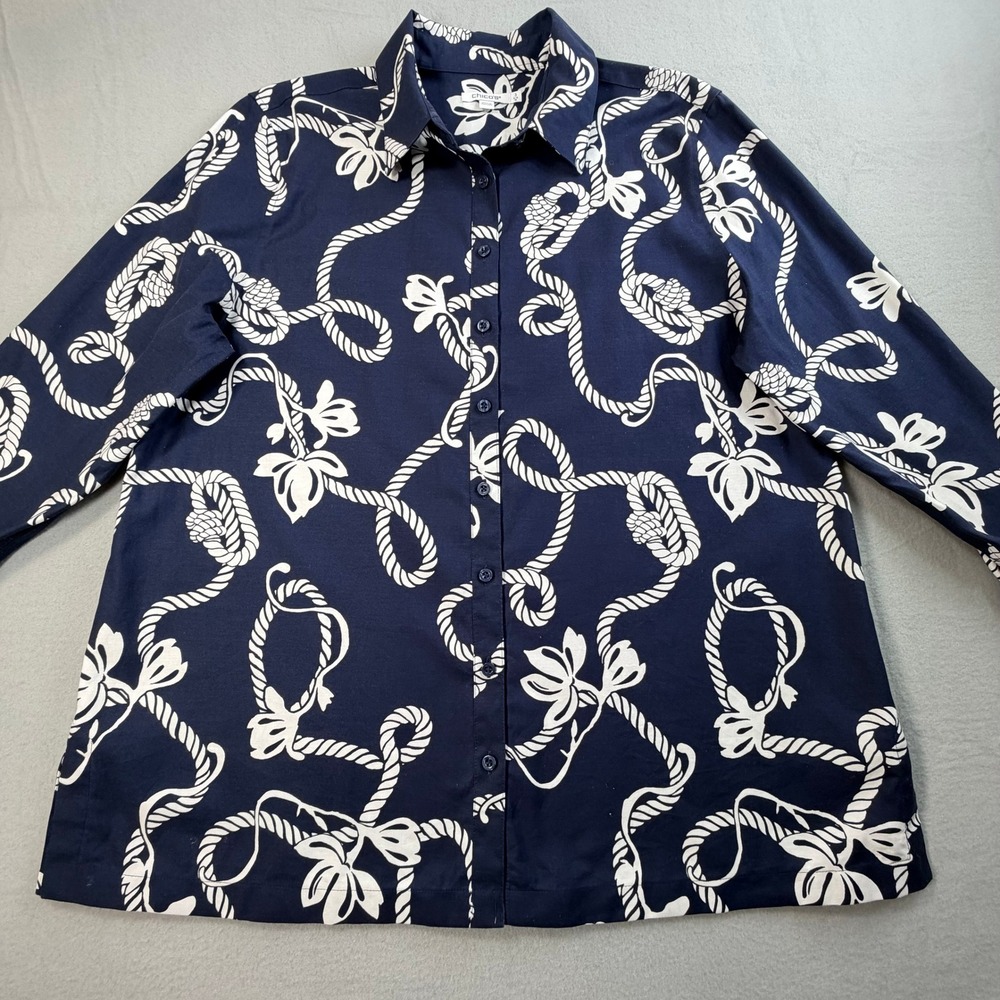 Chicos Navy Blue Button Down Shirt 3XL Nautical Rope Print Coastal Career Wear - Picture 2 of 9